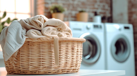 Close up of Basket with clothes in laundry room with washing machine on backgroundの素材