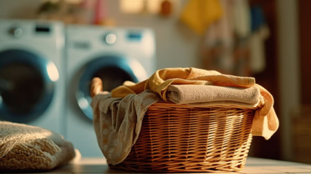 Close up of Basket with clothes in laundry room with washing machine on backgroundの素材