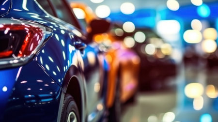 Close up of New cars display in luxury showroom with light bokeh in motor show event.の素材