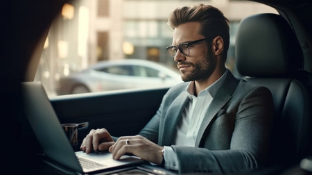 A handsome businessman working on laptop computer while sitting in luxury car.の素材