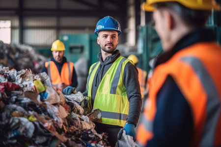 A young worker in protective vest and gloves holding cardboard while working with colleagues in garbage sorting center, Recycling concept.の素材