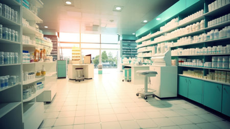 Interior of empty modern pharmacy shop background.の素材