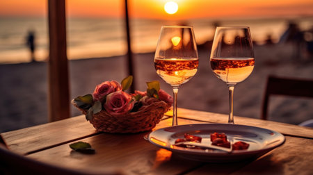 Romantic sunset dinner on the beach. Table honeymoon set for two with luxurious food, glasses of rose wine drinks in a restaurant with sea view.の素材