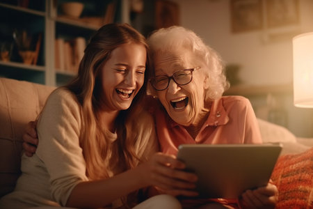 Adult daughter teaches her elderly mother how to use the tablet between laughter and learning, sharing some funny moments between them in the living room.の素材