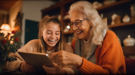 Adult daughter teaches her elderly mother how to use the tablet between laughter and learning, sharing some funny moments between them in the living room.の素材