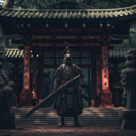 A samurai with a weapon sword standing at old japanese temple shrine.の素材