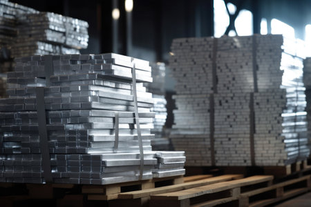 Aluminum in stack waiting for shipment in large warehouse.の素材