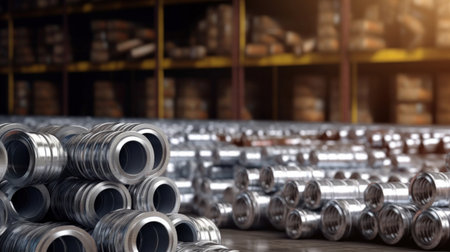 Aluminum in stack waiting for shipment in large warehouse.の素材