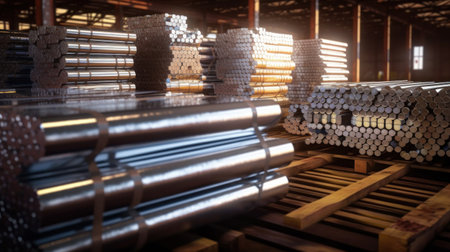 Aluminum in stack waiting for shipment in large warehouse.の素材