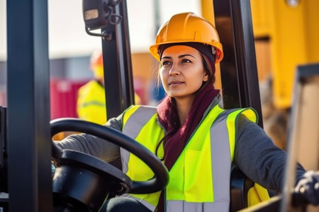 Close up of A female foreman driving forklift at shipping container yard, Industrial engineer woman drives reach stacker truck to lift cargo box at logistic terminal dock.の素材