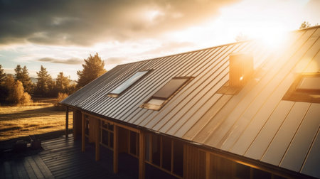 Metal roof installed in a modern house.の素材