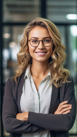 A business woman smiling with arms crossed in consulting firm, Positive confident professionalの素材