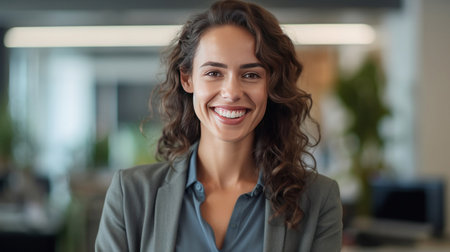 A business woman smiling with arms crossed in consulting firm, Positive confident professionalの素材