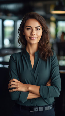 A business woman smiling with arms crossed in consulting firm, Positive confident professionalの素材
