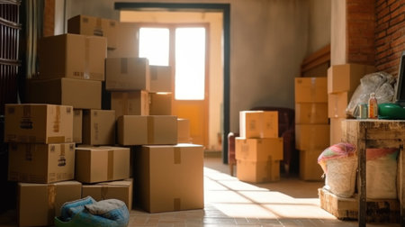 Boxes waiting to be moved into a new home, Moving house day and real estate conceptの素材