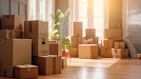 Boxes waiting to be moved into a new home, Moving house day and real estate conceptの素材