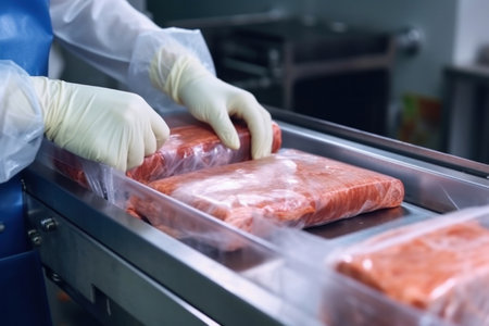 Close up hand of Meat factory worker pack the meat into the plastic foil on the machine at food factory.の素材