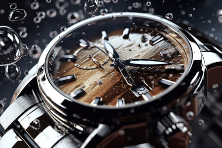 Close up of a Beautiful luxury fashionable silver men's watch with splashes of waterの素材