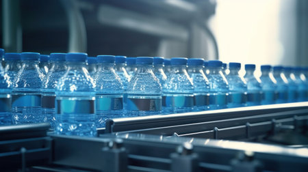 Close up of Drinking water factory, Bottles on a factory conveyor belt with Automatic line for packing drinking water into glass or plastic containers.の素材
