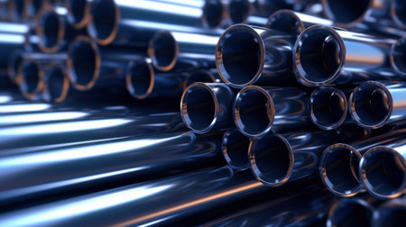 Close up of Several steel pipes in the style of dark silver and dark navy.の素材