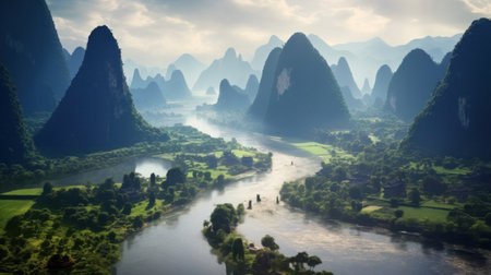 Guangxi region of China, Karst mountains and river Li in Guilin.の素材