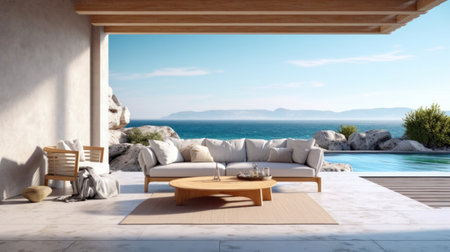 Modern open plan lounge patio close to the pool and ocean in background on one side behind the wall, lounge suite.の素材