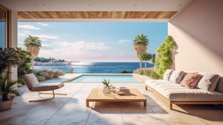 Modern open plan lounge patio close to the pool and ocean in background on one side behind the wall, lounge suite.の素材