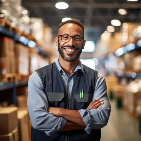 Portrait of a happy retail shipping analyst working at warehouse, Stock management and logistics.の素材