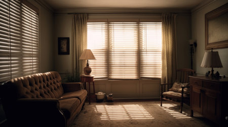 Interior of living room shows a blind in a window.の素材