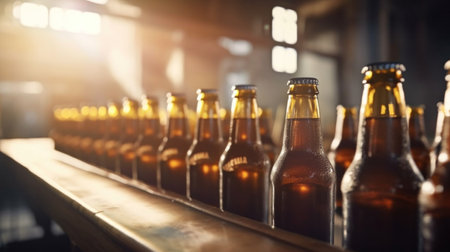 Close up of Brown bottles with beer moving on conveyor, Concept production line of brewery.の素材