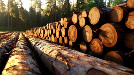 Log trunks pile, Wooden trunks pine, wood industry.の素材