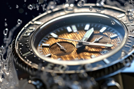 Close up of a Beautiful luxury fashionable silver men's watch with splashes of waterの素材