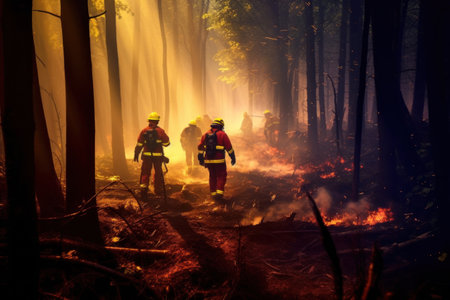 Burning forest, Firefighters gets ready to work in the middle of a burning forest.の素材