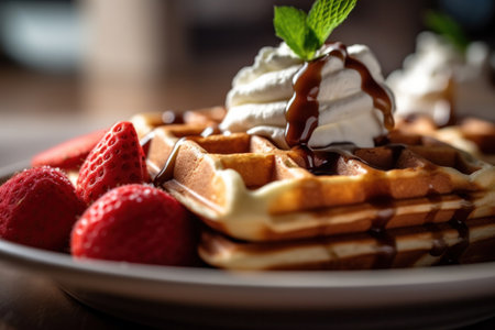 Close up of dessert waffles on table.の素材