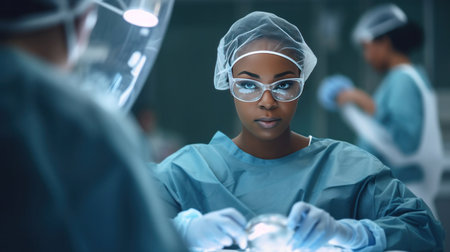 Close up of Black woman performing a surgery at a hospital.の素材