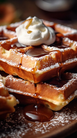 Close up of dessert waffles on table.の素材