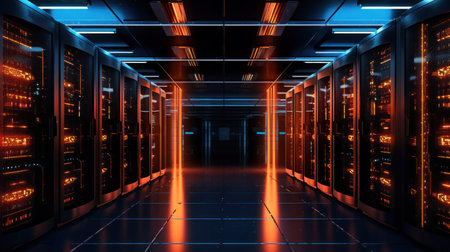 Servers data center room with computers and storage systems and glowing elements.の素材