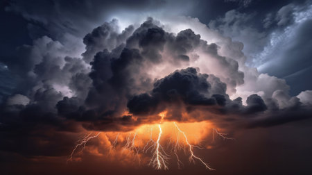 Dark of stormy sky with multiple cloud to ground lightning strikes.の素材