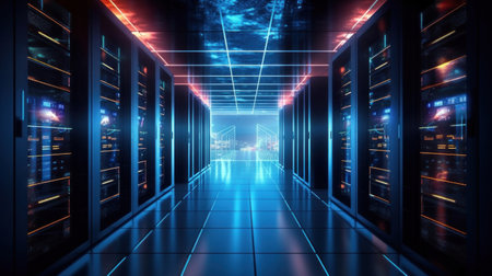 Servers data center room with computers and storage systems and glowing elements.の素材