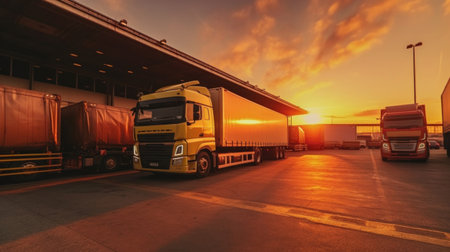 A freight trucks park in the warehouse. industrial of logistics and goods storage concept.の素材