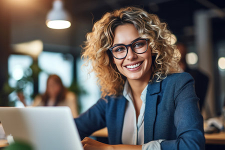 a happy businesswoman using a laptop in a modern office.の素材