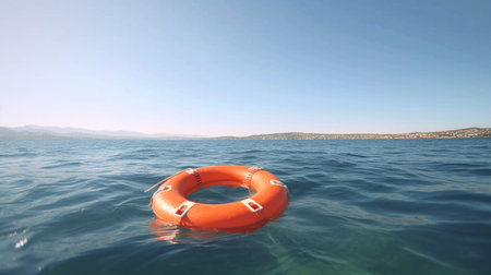 a lifebuoy floats on the open sea, Safetyの素材