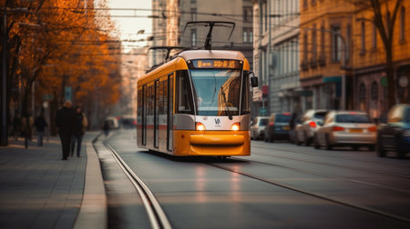 A tram rides down the street city.の素材