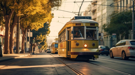 A tram rides down the street city.の素材