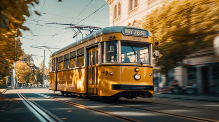 A tram rides down the street city.の素材