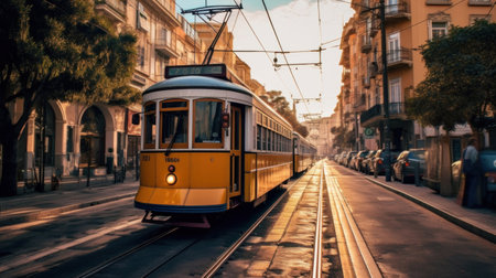 A tram rides down the street city.の素材