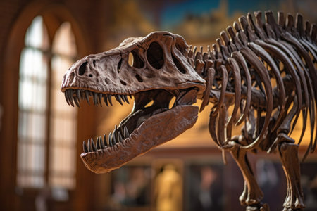a T-Rex dinosaur skeleton in a museum.の素材