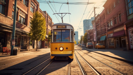 A tram rides down the street city.の素材