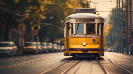 A tram rides down the street city.の素材