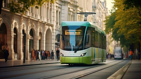 A tram rides down the street city.の素材